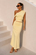 One-Shoulder Fitted Blouse & Gathered Maxi Skirt Set | Pale Yellow