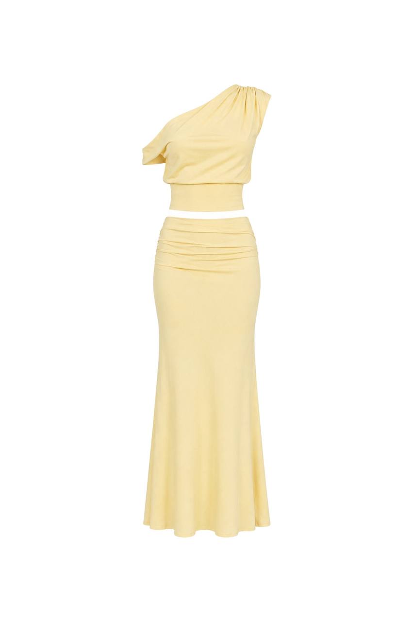 One-Shoulder Fitted Blouse & Gathered Maxi Skirt Set | Pale Yellow