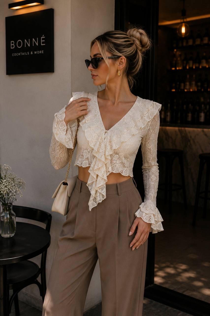Ruffle Flared Sleeve Guipure Blouse