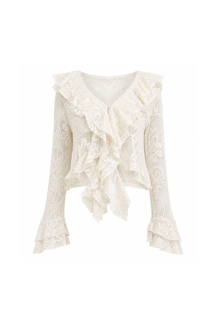 Ruffle Flared Sleeve Guipure Blouse