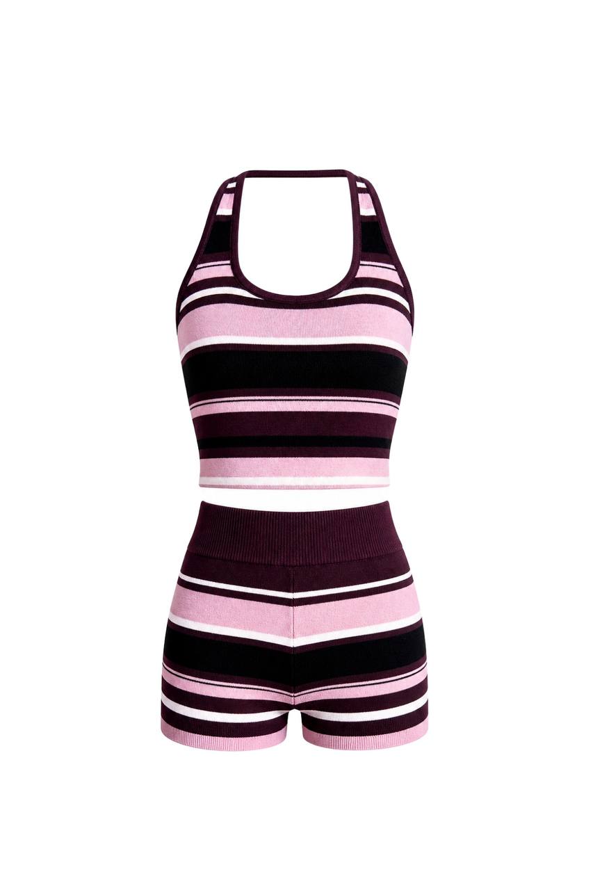 Striped Crop Blouse & Biker Shorts Knit Set | Pink