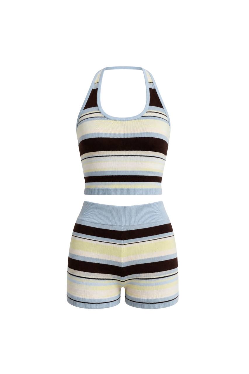 Striped Crop Blouse & Biker Shorts Knit Set | Blue/White