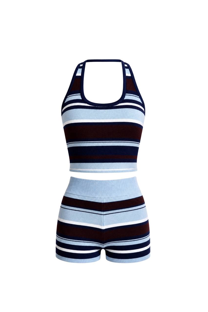 Striped Crop Blouse & Biker Shorts Knit Set | Light Blue/Black