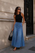 Stitch Slit Maxi Denim Skirt | Blue