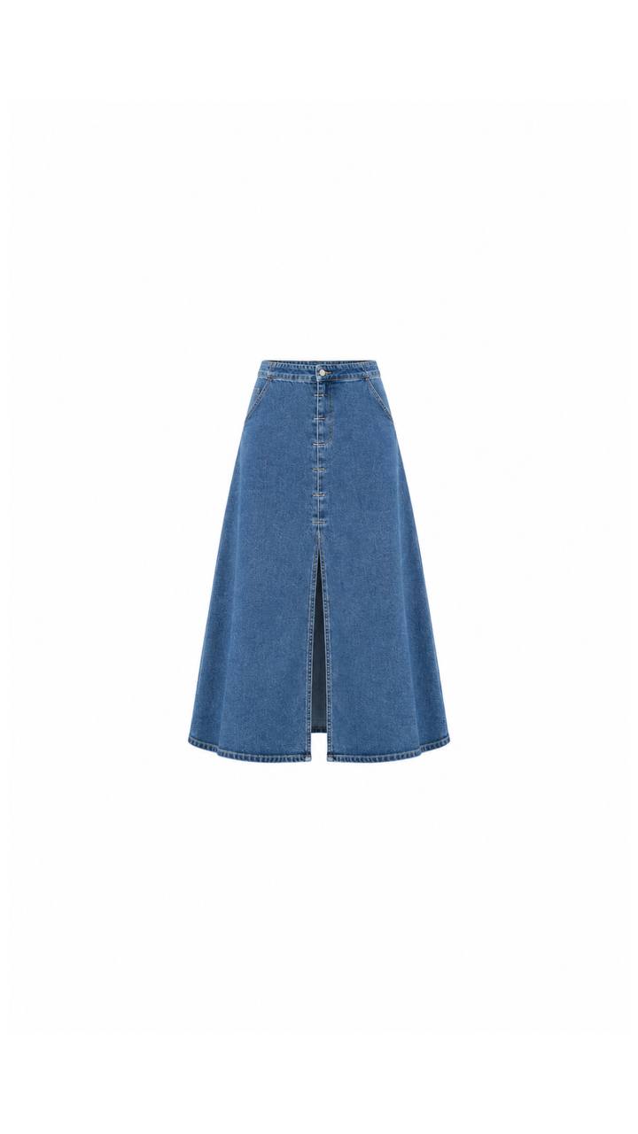 Stitch Slit Maxi Denim Skirt | Blue