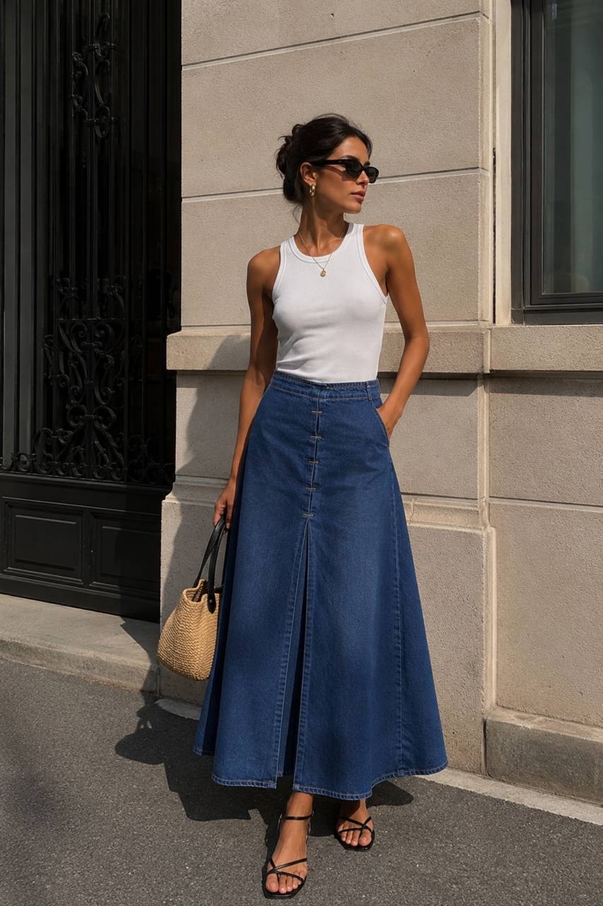 Stitch Slit Maxi Denim Skirt | Navy