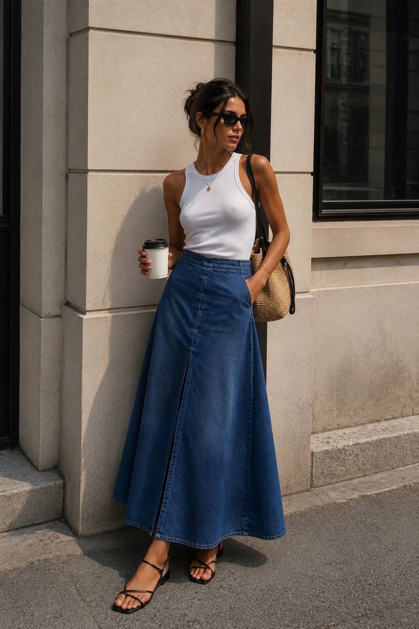 Stitch Slit Maxi Denim Skirt | Navy