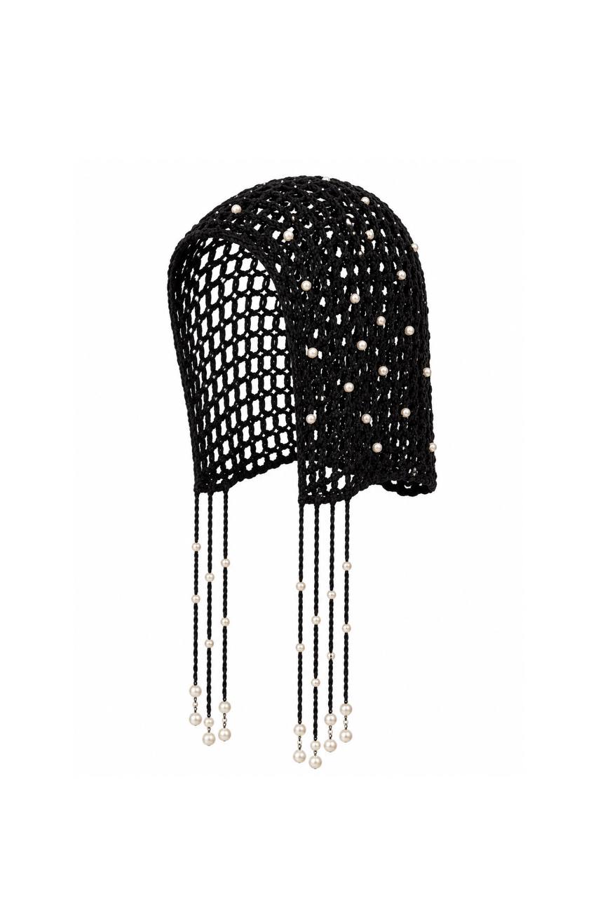 Fringed Pearl Knitted Cap | Black