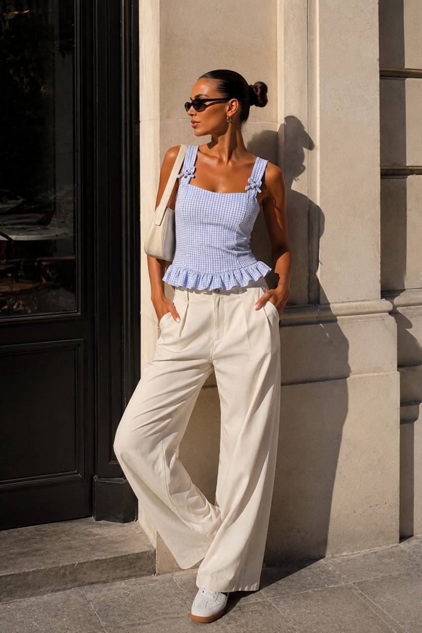 Plaid Back Tie Blouse | Light Blue