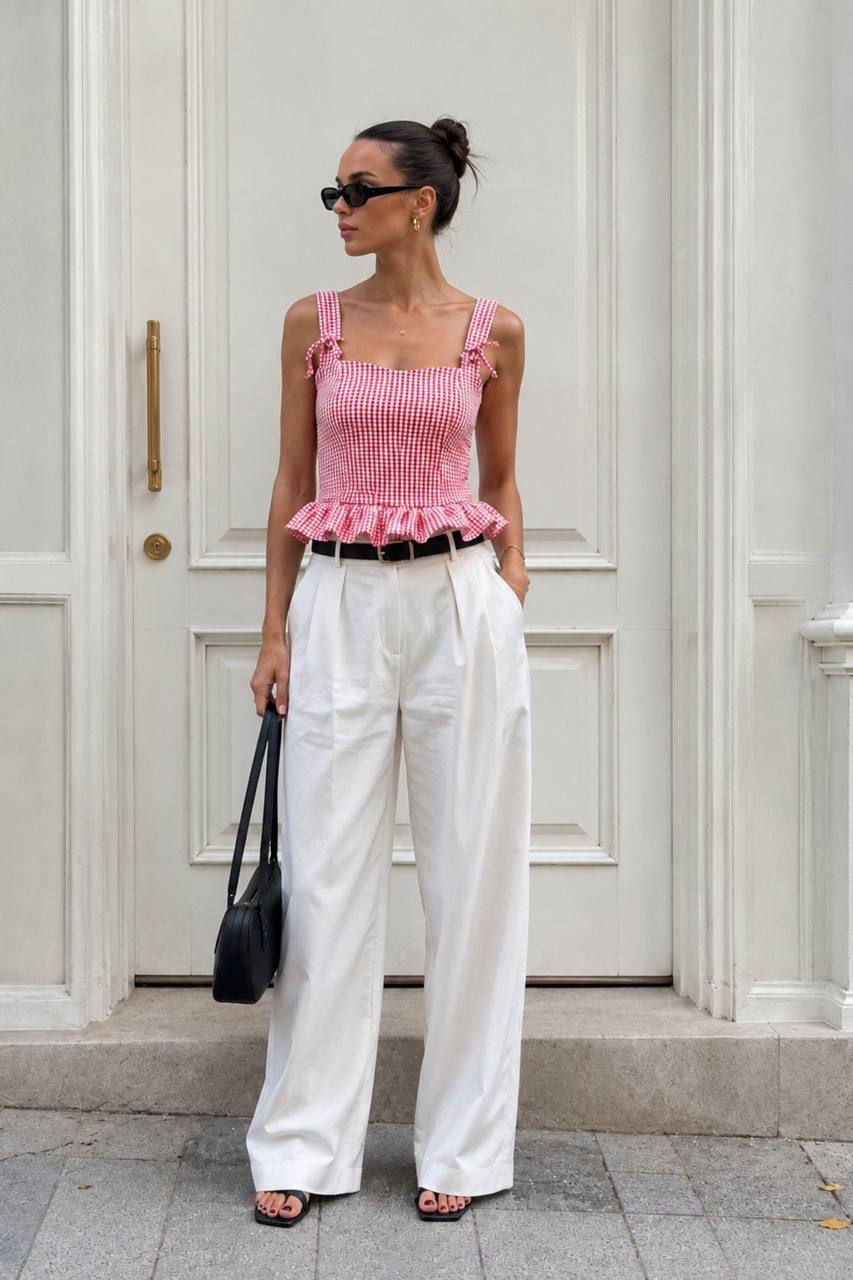 Plaid Back Tie Blouse | Pink