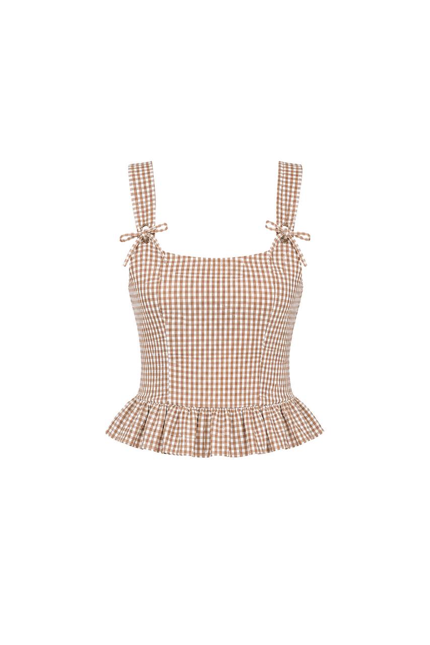 Plaid Back Tie Blouse | Beige