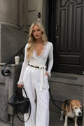 Lace Neckline Tie-Up Cuff Blouse | White