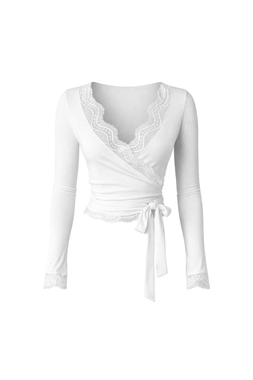 Lace Neckline Tie-Up Cuff Blouse | White