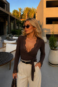 Lace Neckline Tie-Up Cuff Blouse | Brown