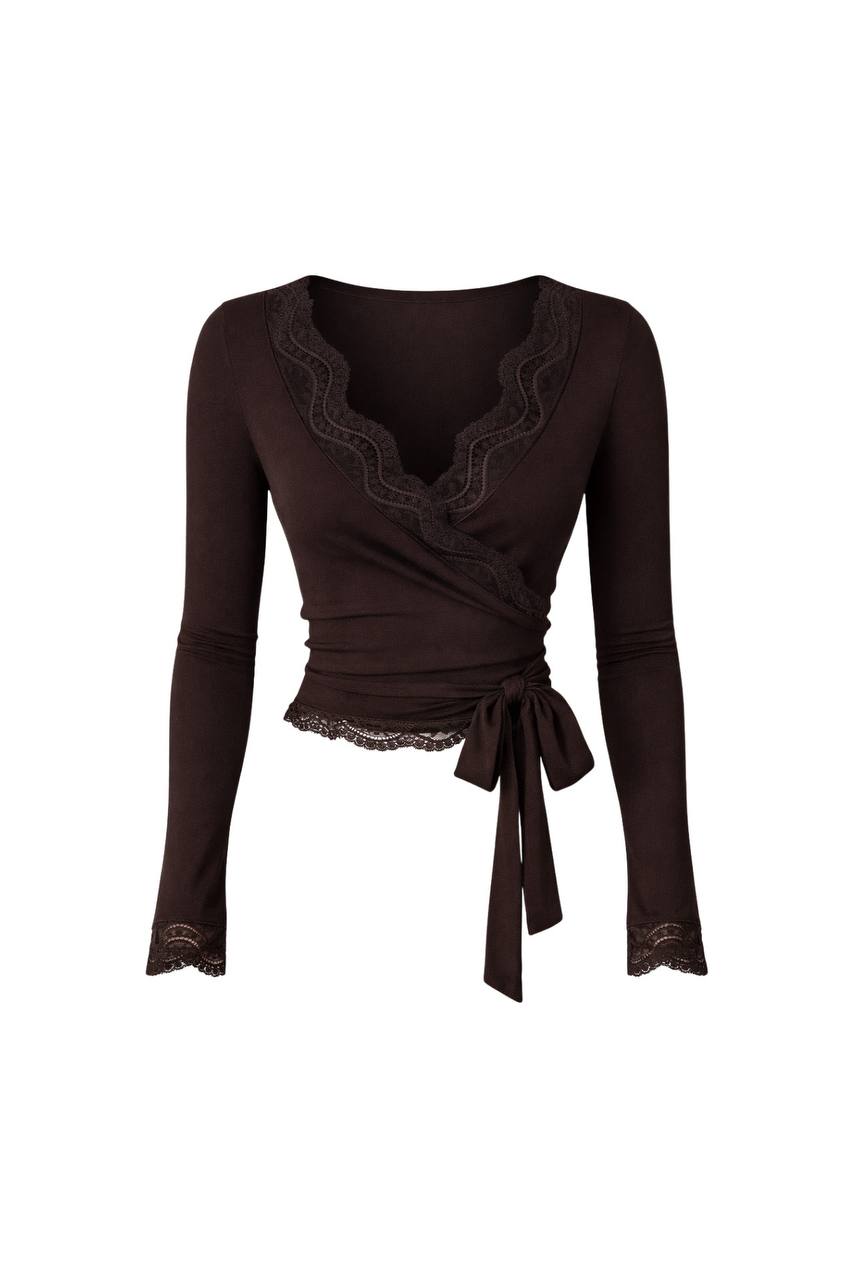Lace Neckline Tie-Up Cuff Blouse | Brown
