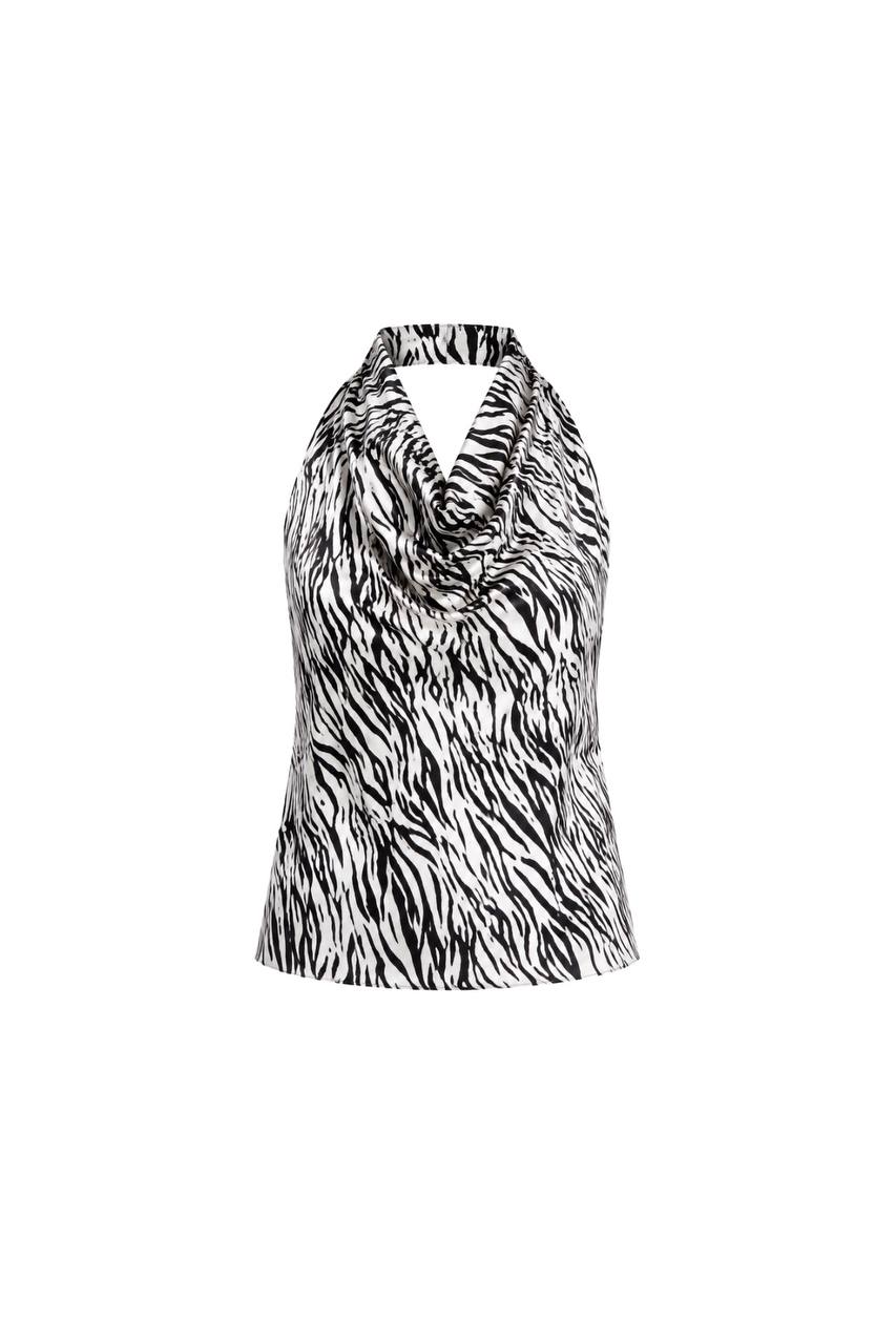 Patterned V-Neck Satin Blouse | Black/White
