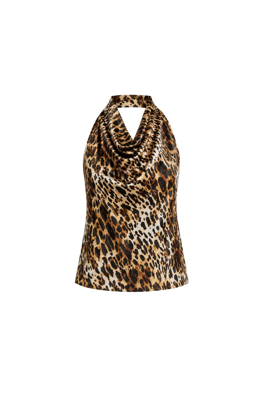 Patterned V-Neck Satin Blouse | Leopard Print