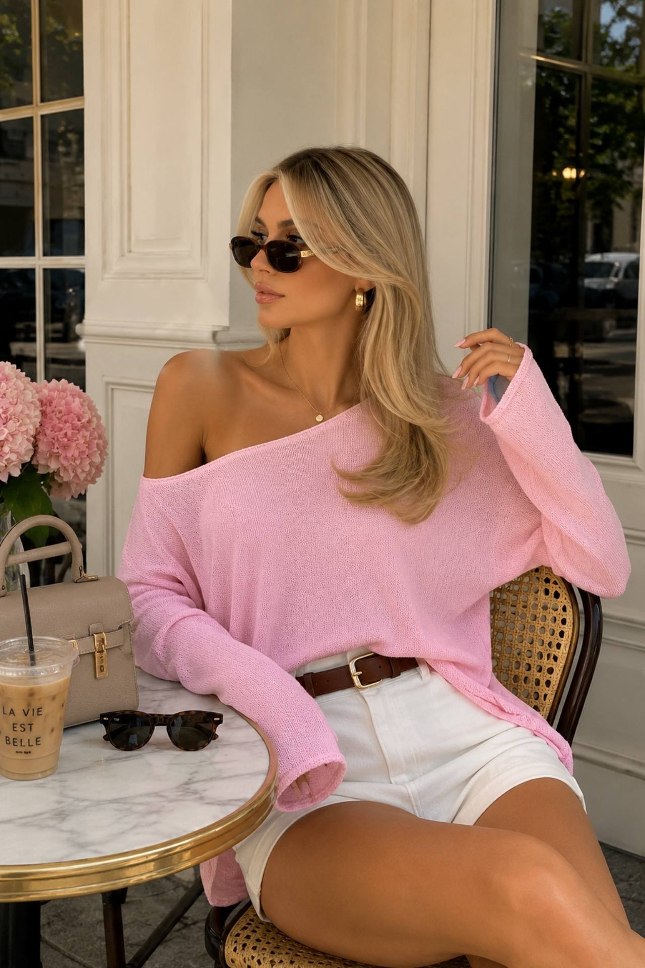Low Shoulder Slim Knitwear Blouse | Pink