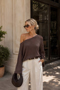 Low Shoulder Slim Knitwear Blouse | Brown