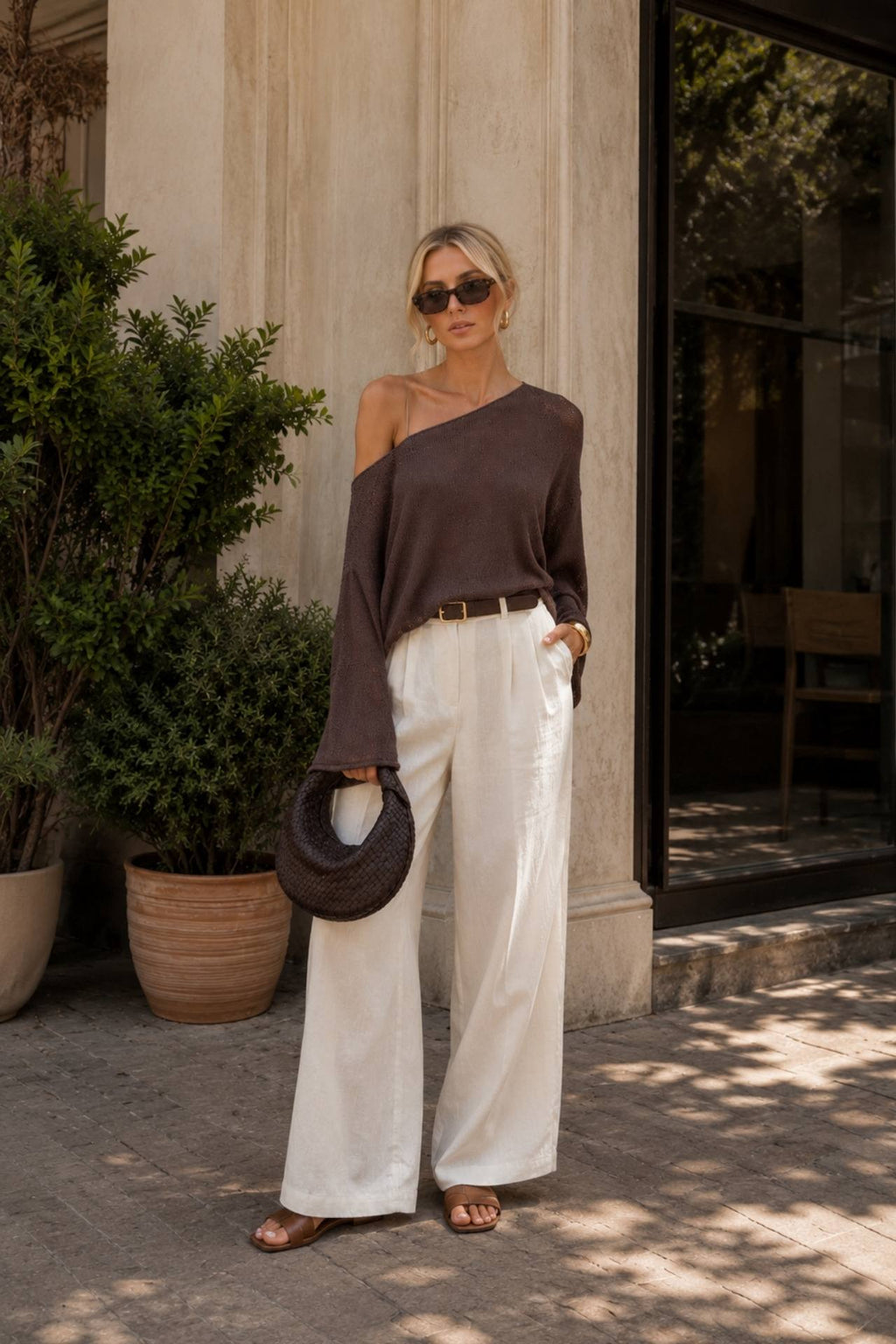 Low Shoulder Slim Knitwear Blouse | Brown