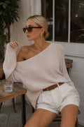 Low Shoulder Slim Knitwear Blouse | Beige