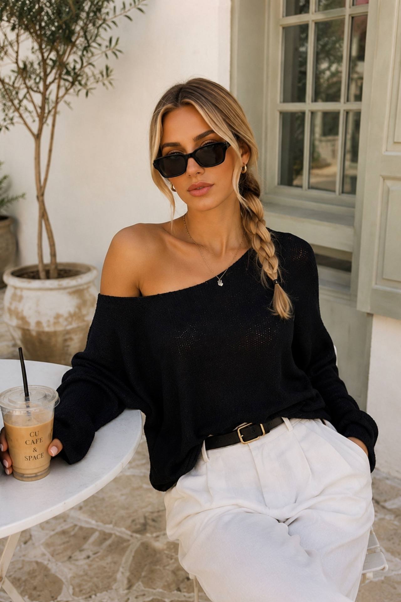 Low Shoulder Slim Knitwear Blouse | Black