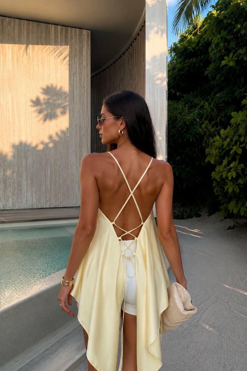 Back Lace Strappy Satin Blouse | Yellow