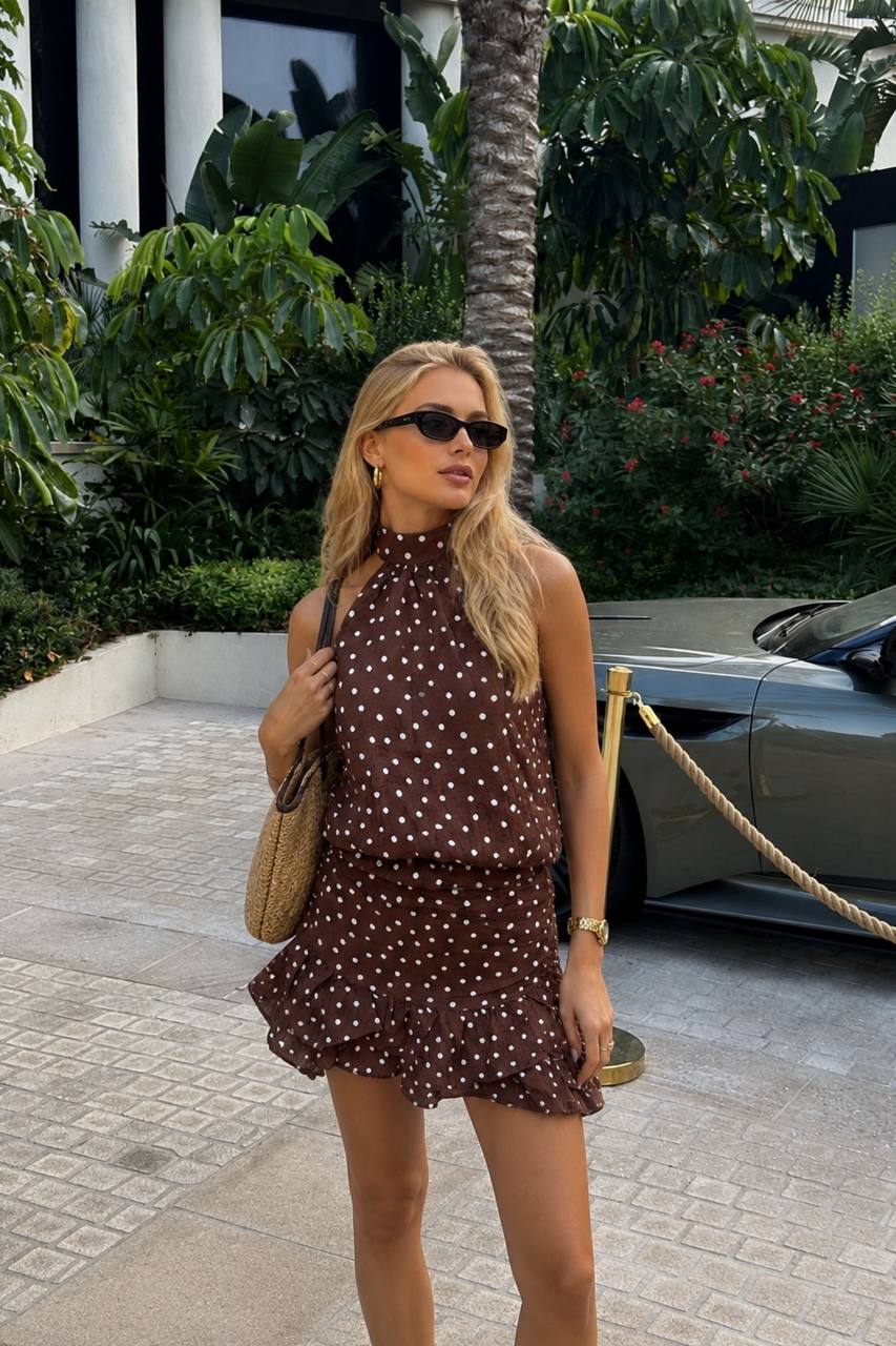 Necklace Backless Polka Dot Blouse & Mini Skirt Set | Brown
