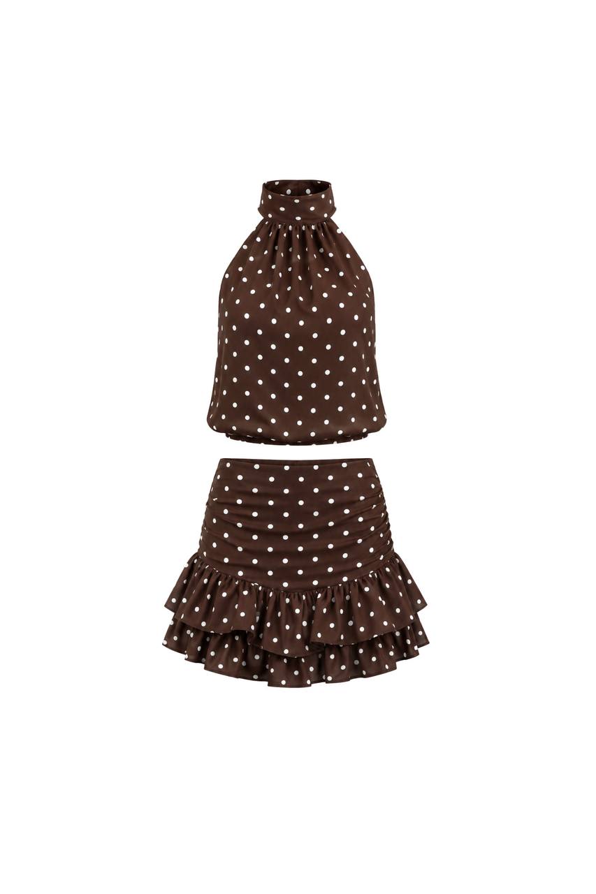 Necklace Backless Polka Dot Blouse & Mini Skirt Set | Brown