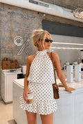 Necklace Backless Polka Dot Blouse & Mini Skirt Set | White