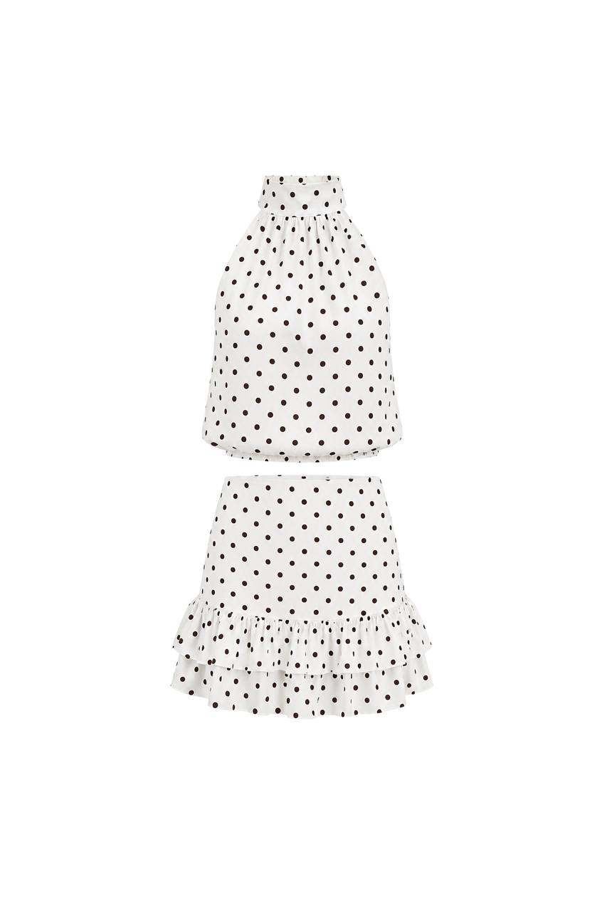 Necklace Backless Polka Dot Blouse & Mini Skirt Set | White