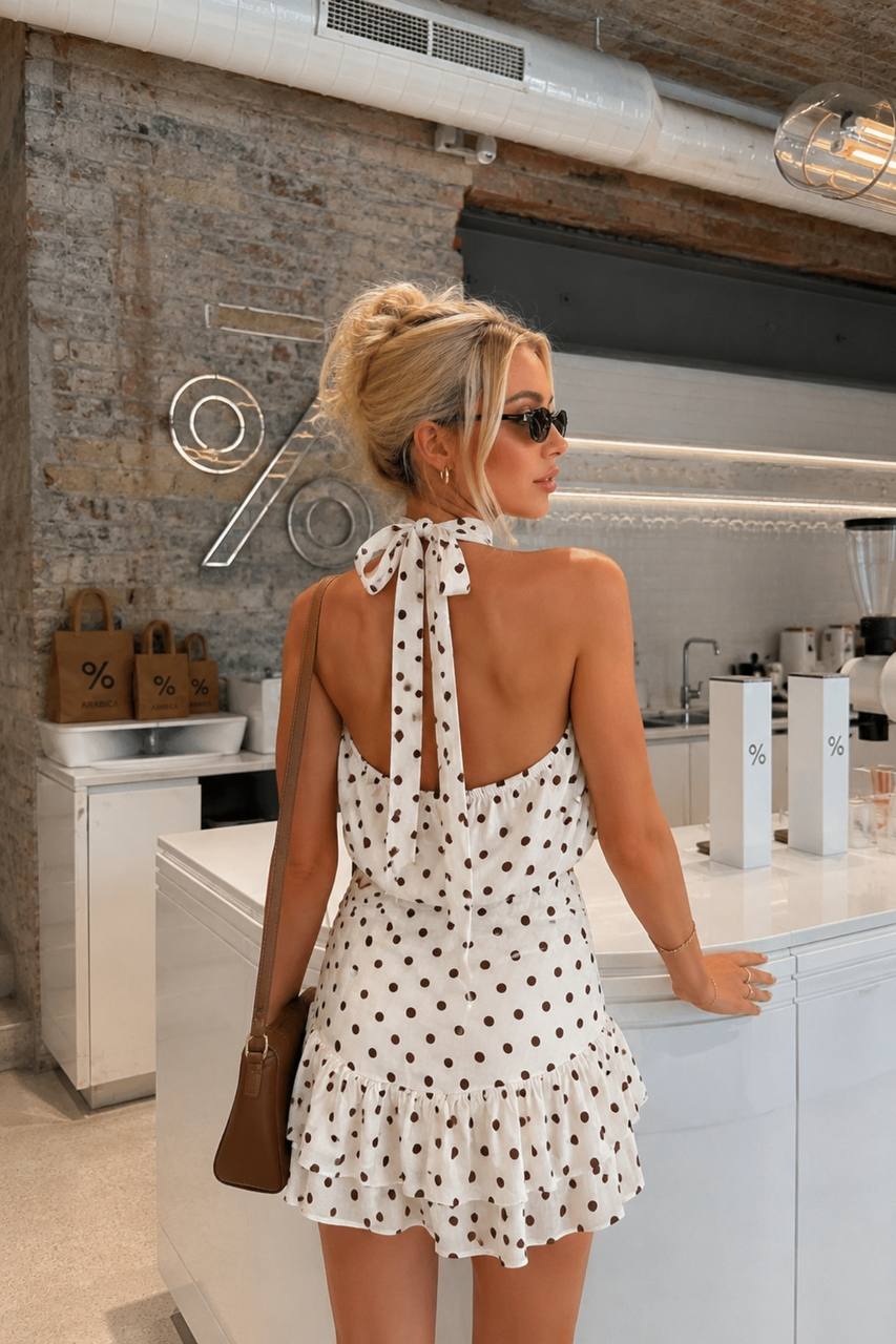 Necklace Backless Polka Dot Blouse & Mini Skirt Set | White