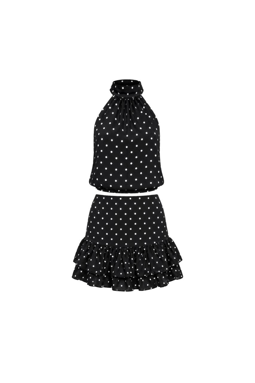 Necklace Backless Polka Dot Blouse & Mini Skirt Set | Black