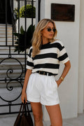 Striped Crew Neck Knit Blouse | Black