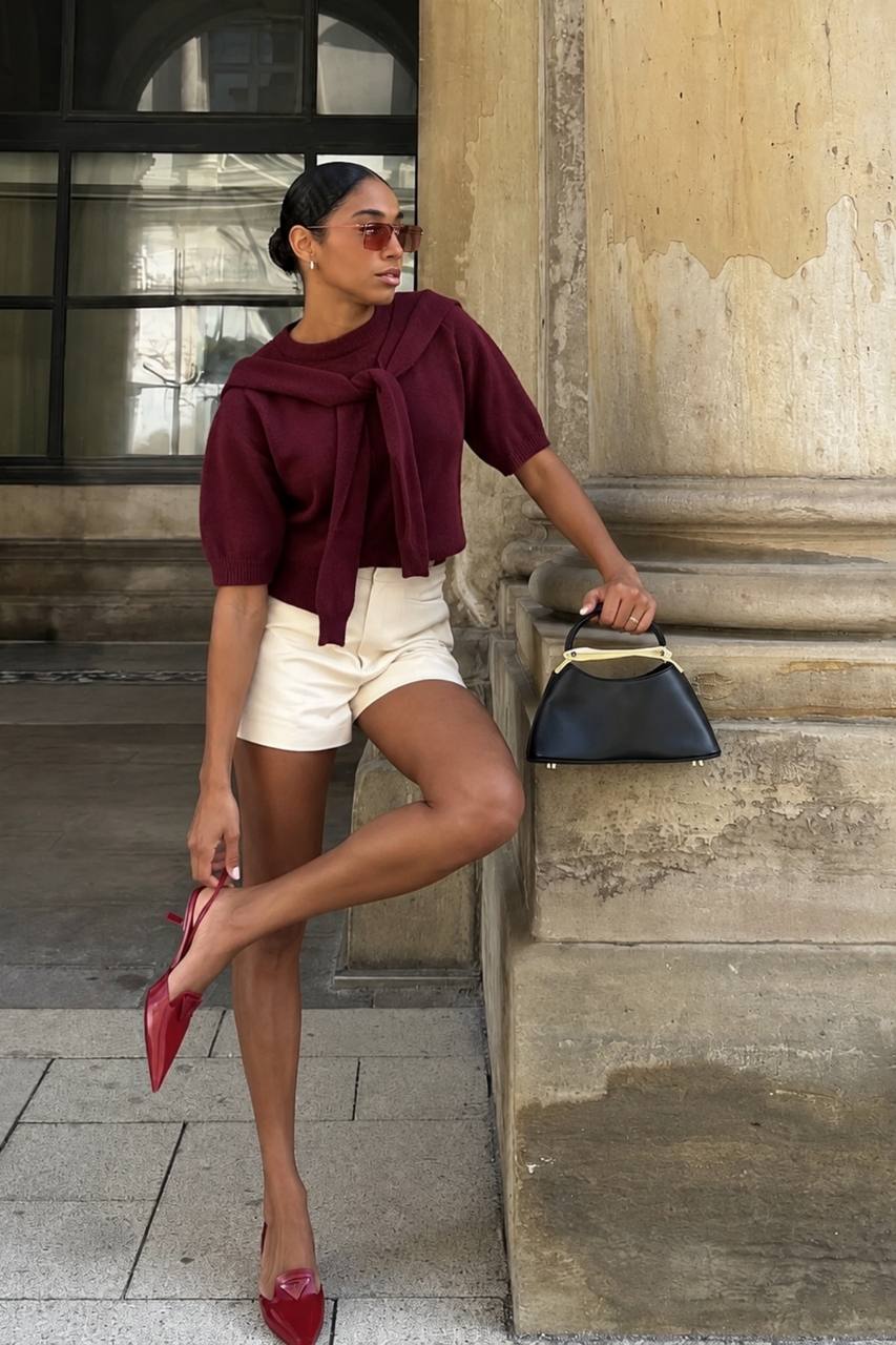 Shawl Collar Crew Neck Textured Blouse | Burgundy