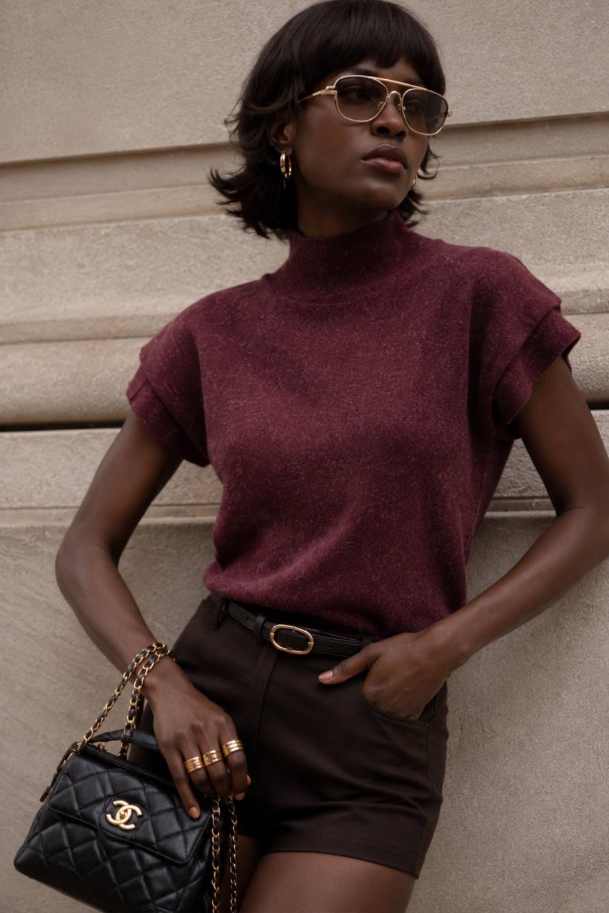 Turtleneck Textured Blouse with Sleeve Detail | Burgundy