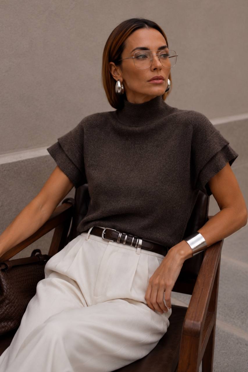 Turtleneck Textured Blouse with Sleeve Detail | Dark Brown