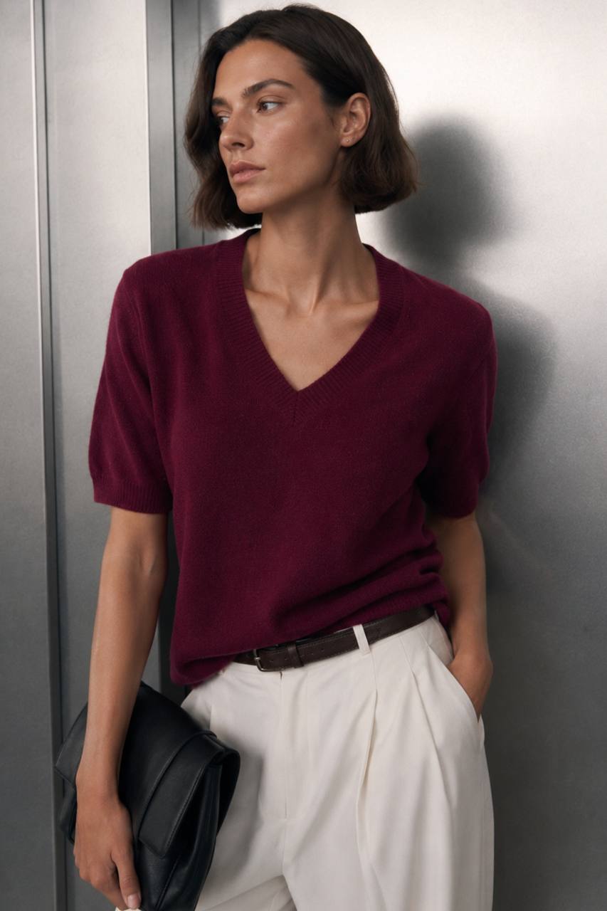 V-Neck Short-Sleeve Textured Blouse | Burgundy