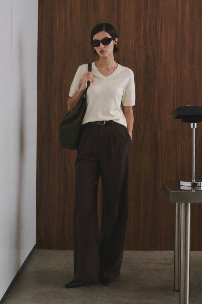 V-Neck Short-Sleeve Textured Blouse | Beige