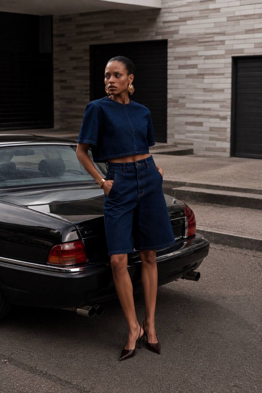 Short Sleeve Denim Top & Bermuda Shorts Set