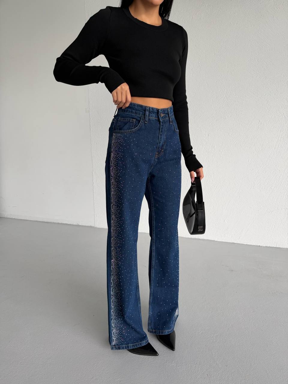 High-Waisted Palazzo Jeans with Stone Embellishments | Blue