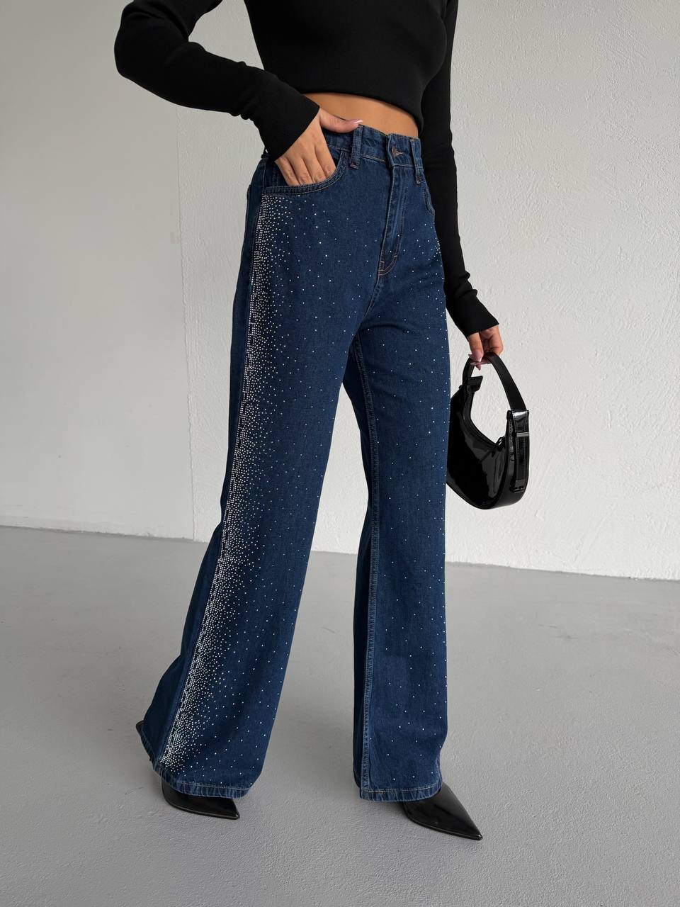 High-Waisted Palazzo Jeans with Stone Embellishments | Blue