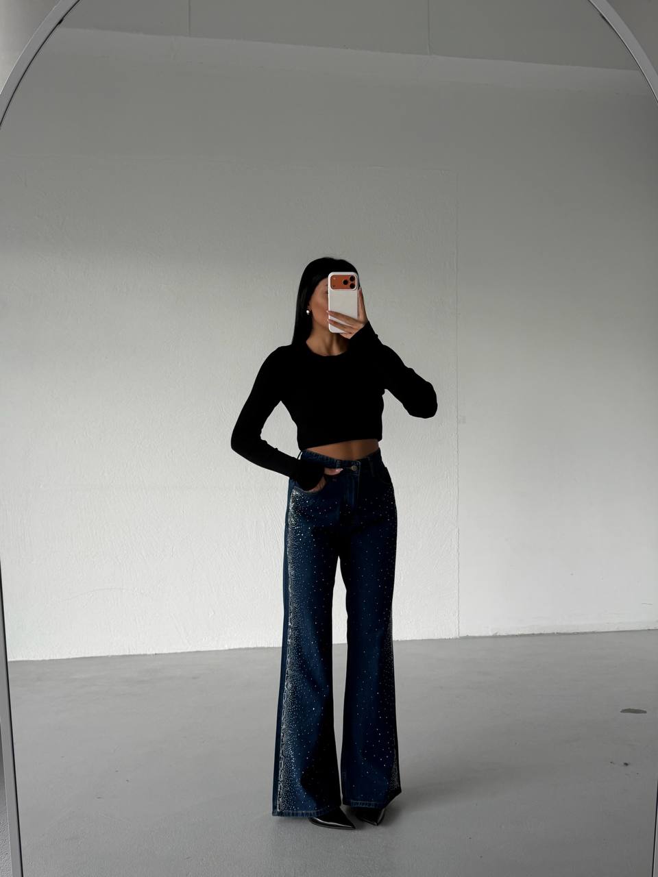 High-Waisted Palazzo Jeans with Stone Embellishments | Blue