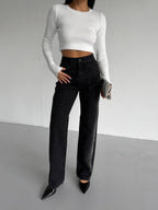 High-Waisted Palazzo Jeans with Stone Embellishments | Black