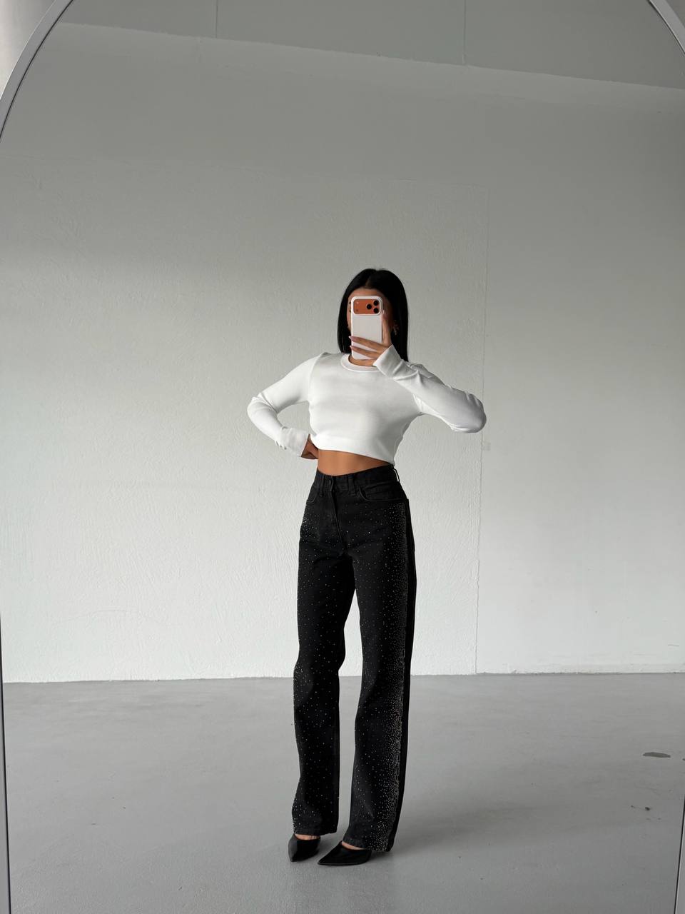 High-Waisted Palazzo Jeans with Stone Embellishments | Black
