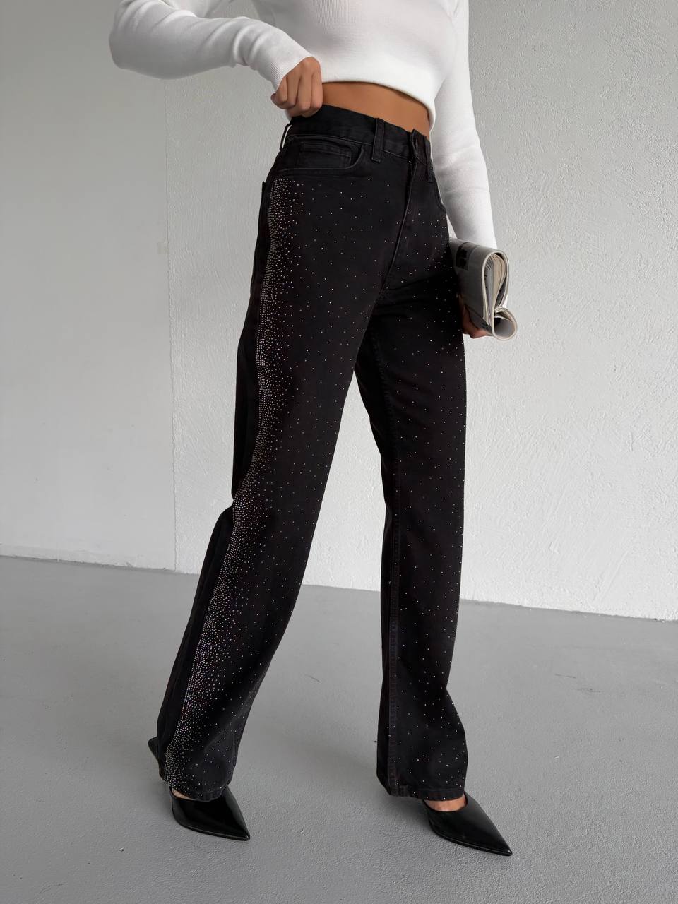 High-Waisted Palazzo Jeans with Stone Embellishments | Black