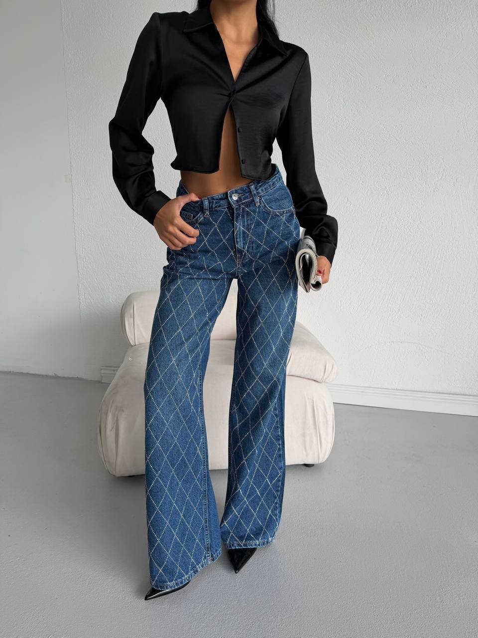 Diamond Pattern Stone Embellished Straight Jeans | Light Blue
