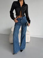 Diamond Pattern Stone Embellished Straight Jeans | Light Blue