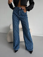 Diamond Pattern Stone Embellished Straight Jeans | Light Blue