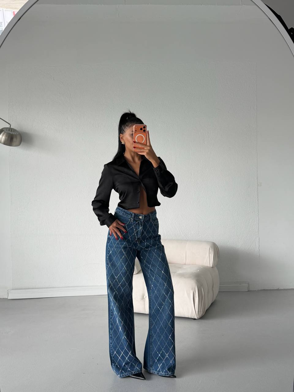 Diamond Pattern Stone Embellished Straight Jeans | Light Blue